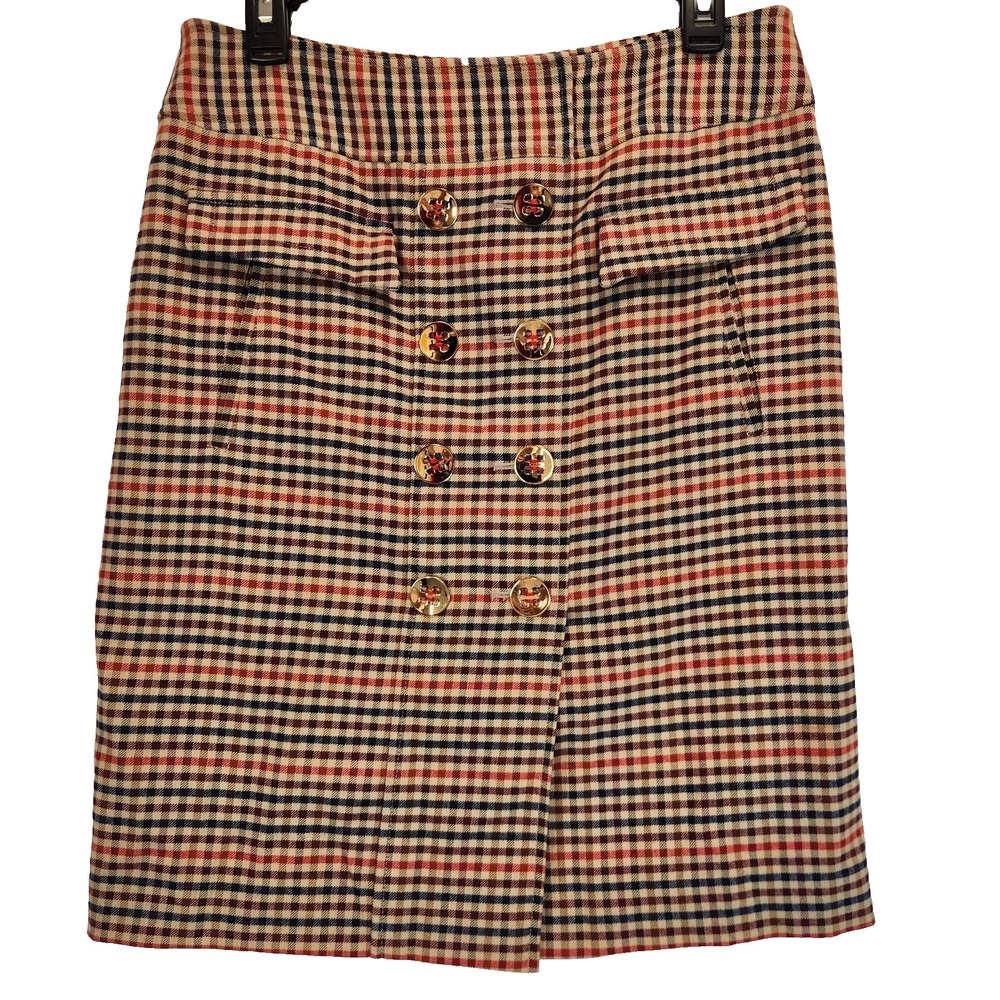 Etcetera Plaid Button Front Pencil Skirt Red Navy Gold Size 10 Academia Lined